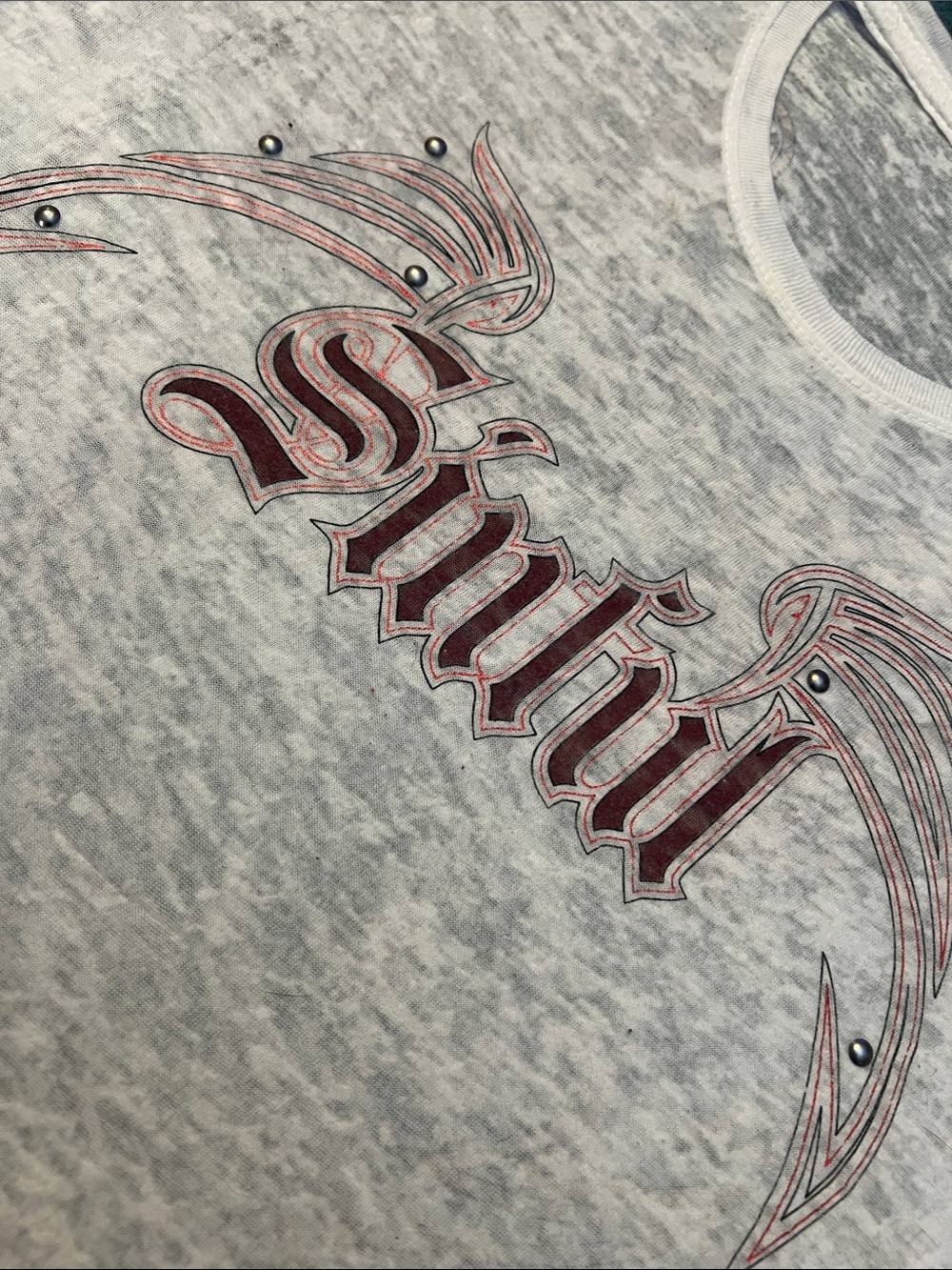 Vintage Sinful x Affliction White Graphic Tee with Maroon Gothic Logo , used ๐ - Picture 2 of 7